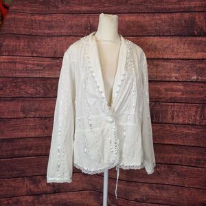 Coquette Cotton Blazer‎ With Pearls Sequins & Ribbon Size L Romantic Fairy Sweet